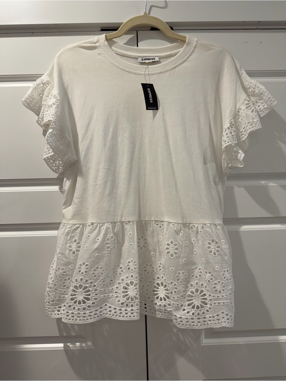 Express Women's White Eyelet Ruffle Peplum Top